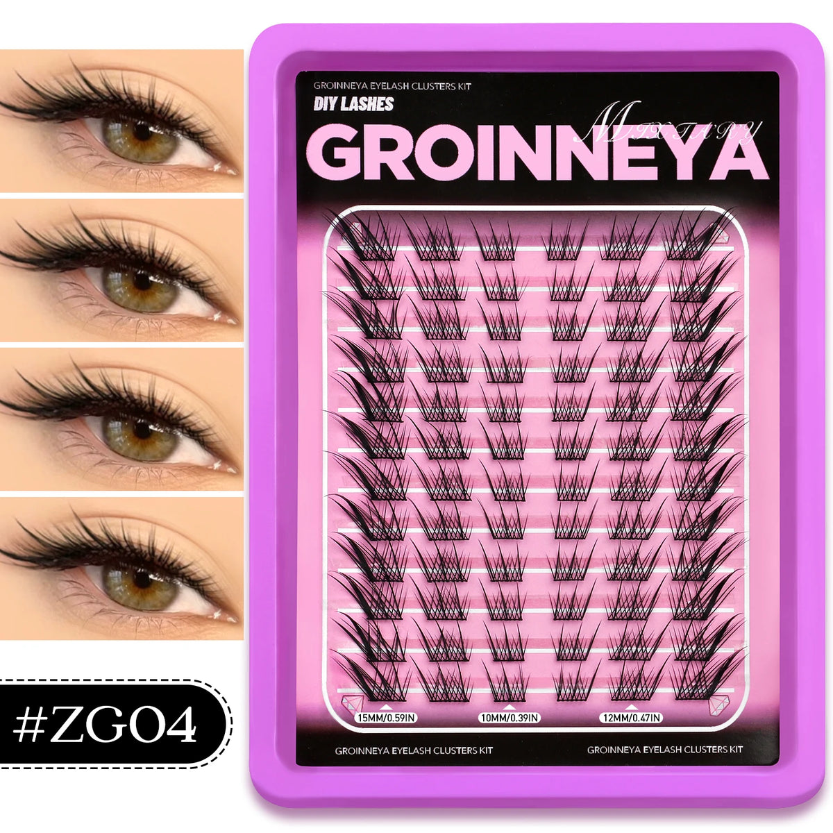 Kit violet de clusters de cils DIY pour extensions mixtes, montré à côté d'exemples d'yeux.