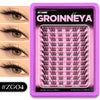 Un kit violet de clusters de cils DIY pour extensions mixtes, montré à côté de divers exemples d'yeux.