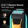 A black electric shaver with a gold accent is shown, demonstrating its use for hairdressing and shaving beard.