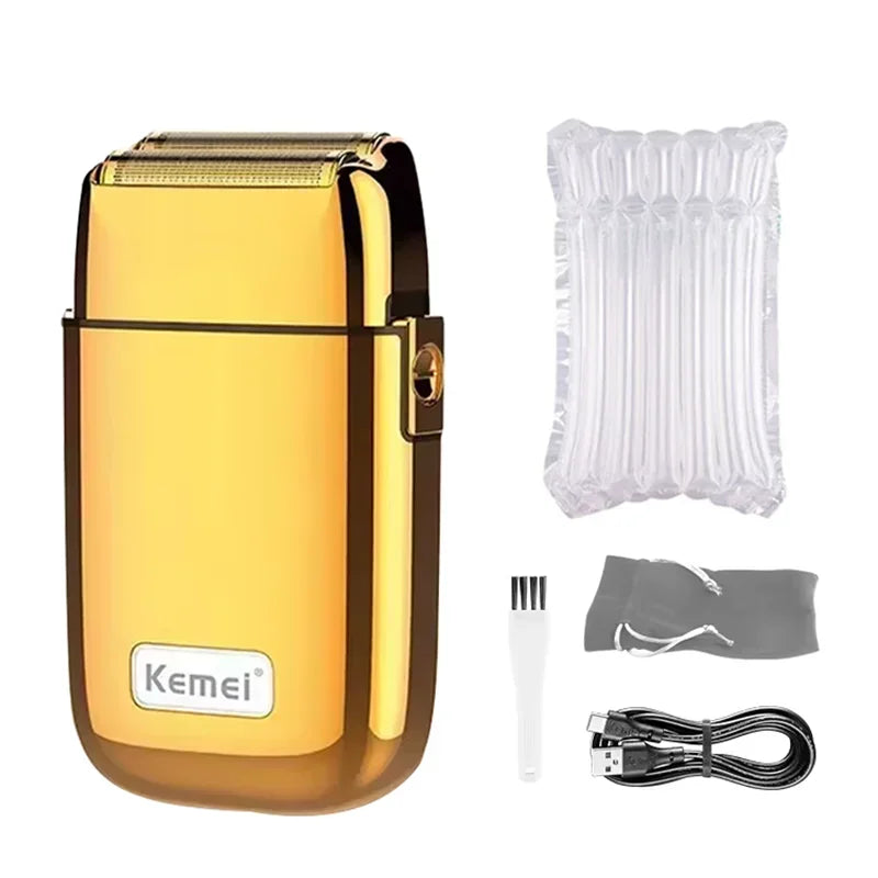 A gold and black professional rechargeable electric hair clipper with a clear protective cover and accessories.