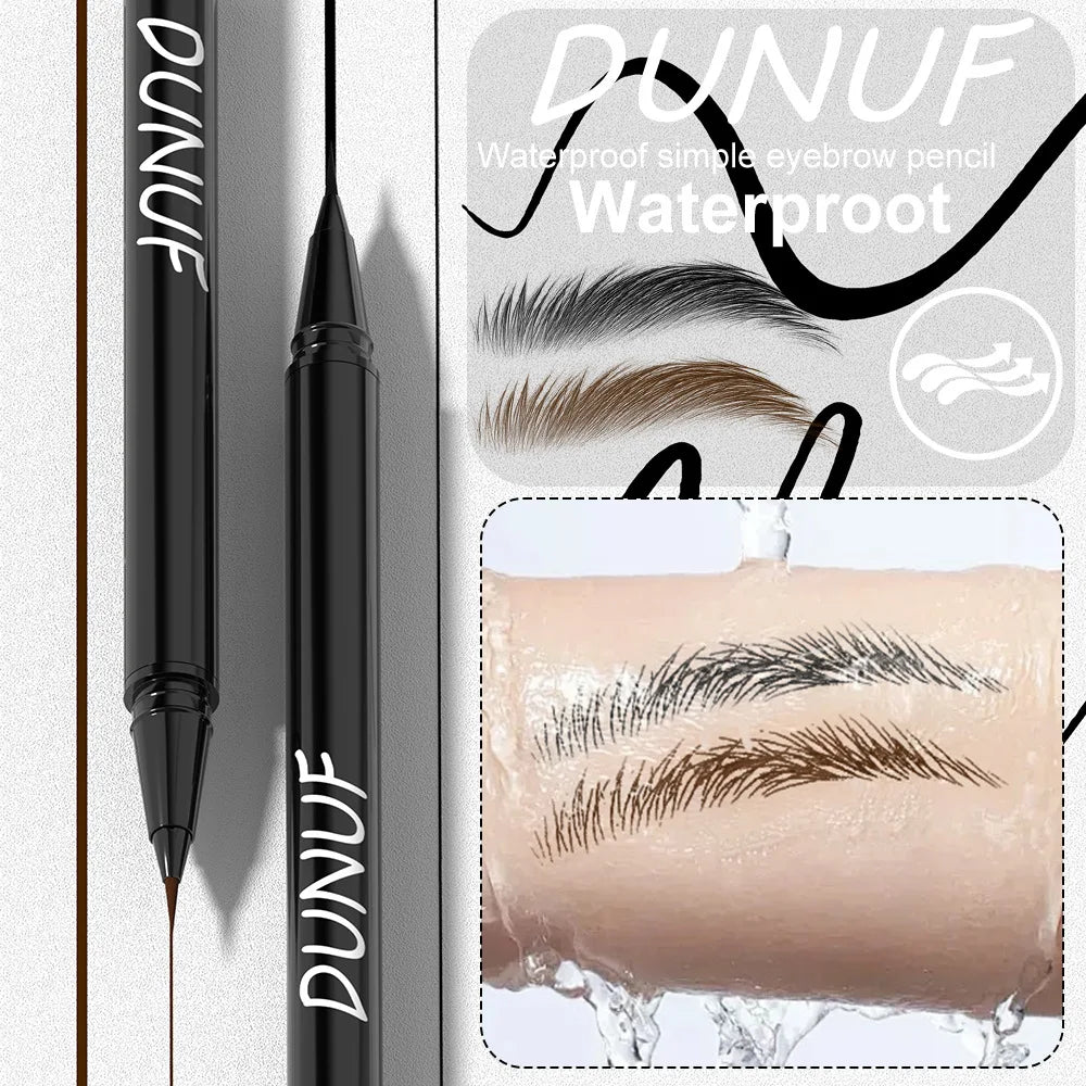 Lápiz corrector líquido para cejas impermeable negro junto a su empaque, mostrando su uso en una ceja.
