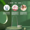 Diagram showing how to use a stainless steel tongue scraper set for oral hygiene