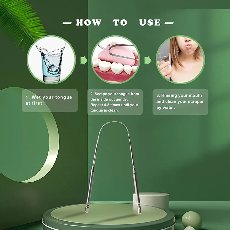 Diagram showing how to use a stainless steel tongue scraper set for oral hygiene