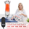 A woman is using a cat-shaped electric heating pad on her abdomen for relief, with the device and various heat settings displ