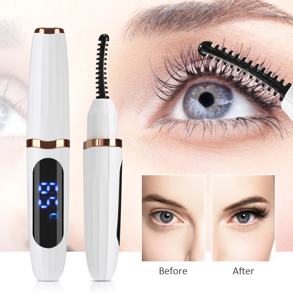 Weißer elektrischer Heiß-Wimpern-Former mit Vorher-Nachher-Bild eines Auges.
