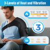 A man is using an electric shoulder heating and vibration massager on his upper back, demonstrating three levels of heat and 