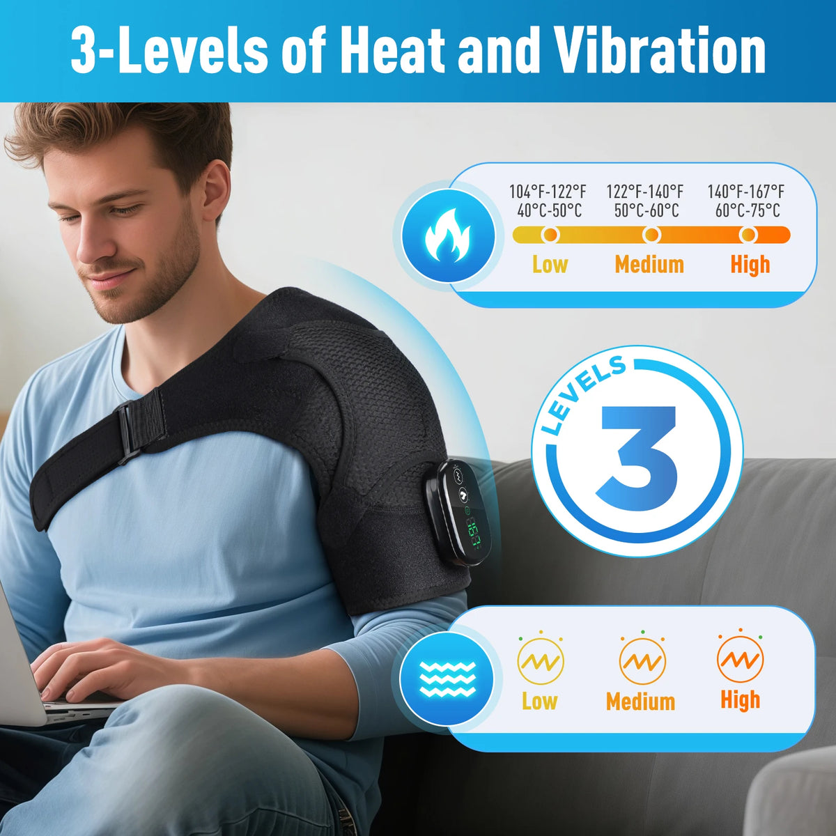 A man is using an electric shoulder heating and vibration massager on his upper back, demonstrating three levels of heat and 