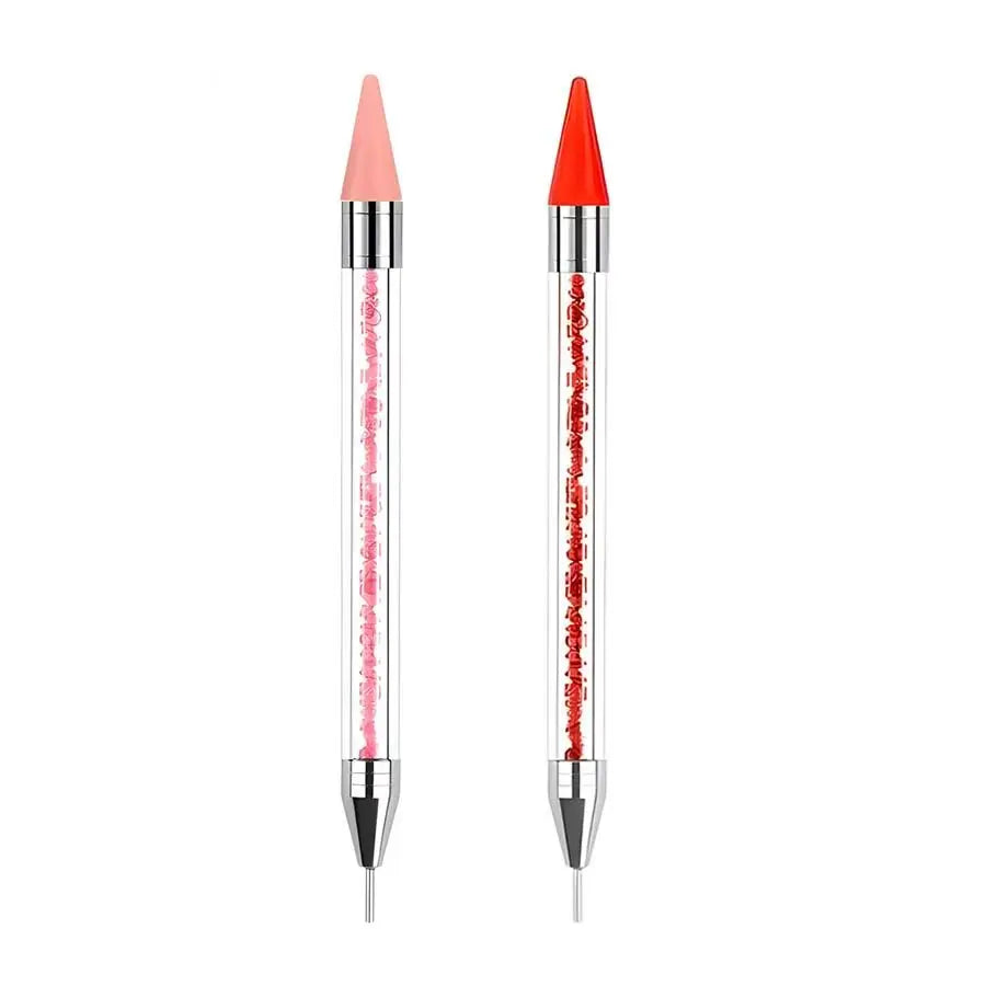 Un paire d'outils à piquer avec strass, un rose et un rouge, montrés verticalement.