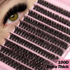Close-up of a pink lash tray showing 100D extra thick black false eyelashes applied to an eye.