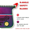 A close-up of an R-angle safety blade on a purple grooming tool, emphasizing its sharp angle and skin safety.