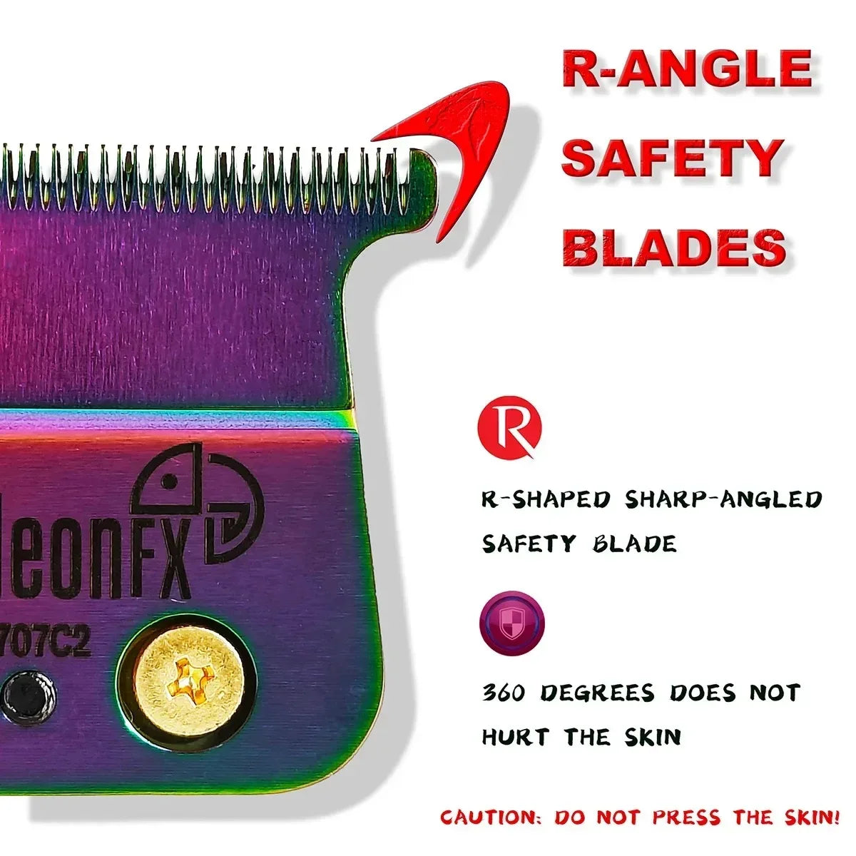 A close-up of an R-angle safety blade on a purple grooming tool, emphasizing its sharp angle and skin safety.