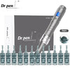 A silver Dr. pen microneedling device with multiple needle attachments shown next to the main unit.