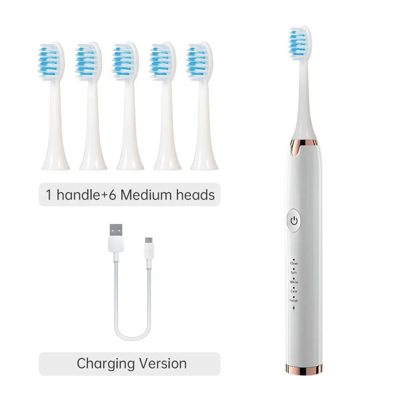 Set de seis cabezales medios y versión de carga de cepillo eléctrico ultrasónico blanco con cable desmontable.
