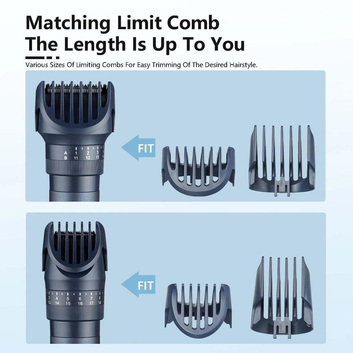 Matching limit comb set showing various sizes of combs for easy trimming of desired hairstyle.