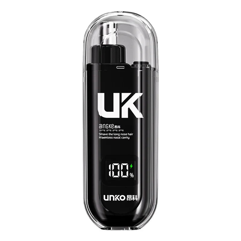 A black electric trimmer for nose, ear, and eyebrow grooming is shown in a clear protective case.