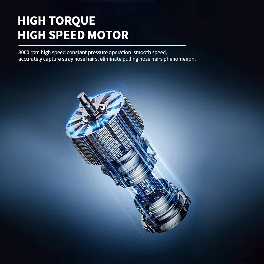 A close-up view of a high torque high speed motor used in an electric portable hair and nose trimmer.