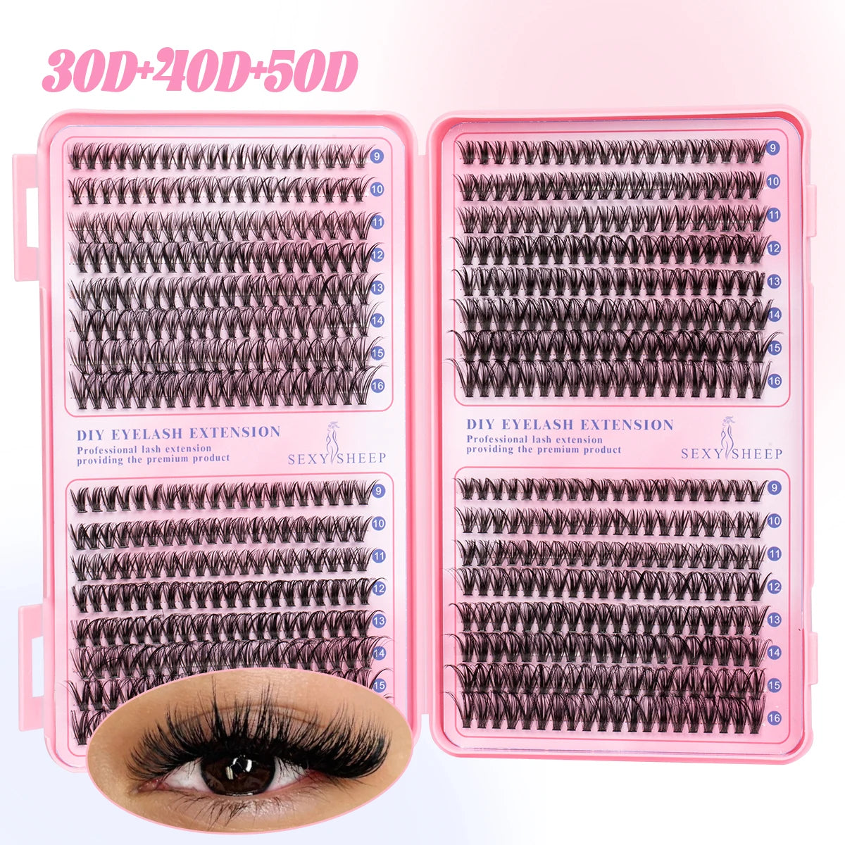Pink packaging for DIY and professional eyelash extension kits showing various lash styles