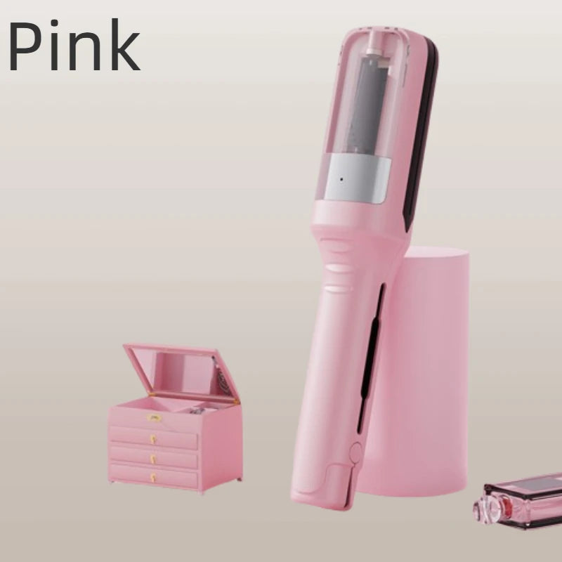 A pink automatic hair ends trimmer is shown next to a pink storage box and a small glass container.