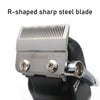 R-shaped sharp steel blade attached to a professional cordless hair clipper.