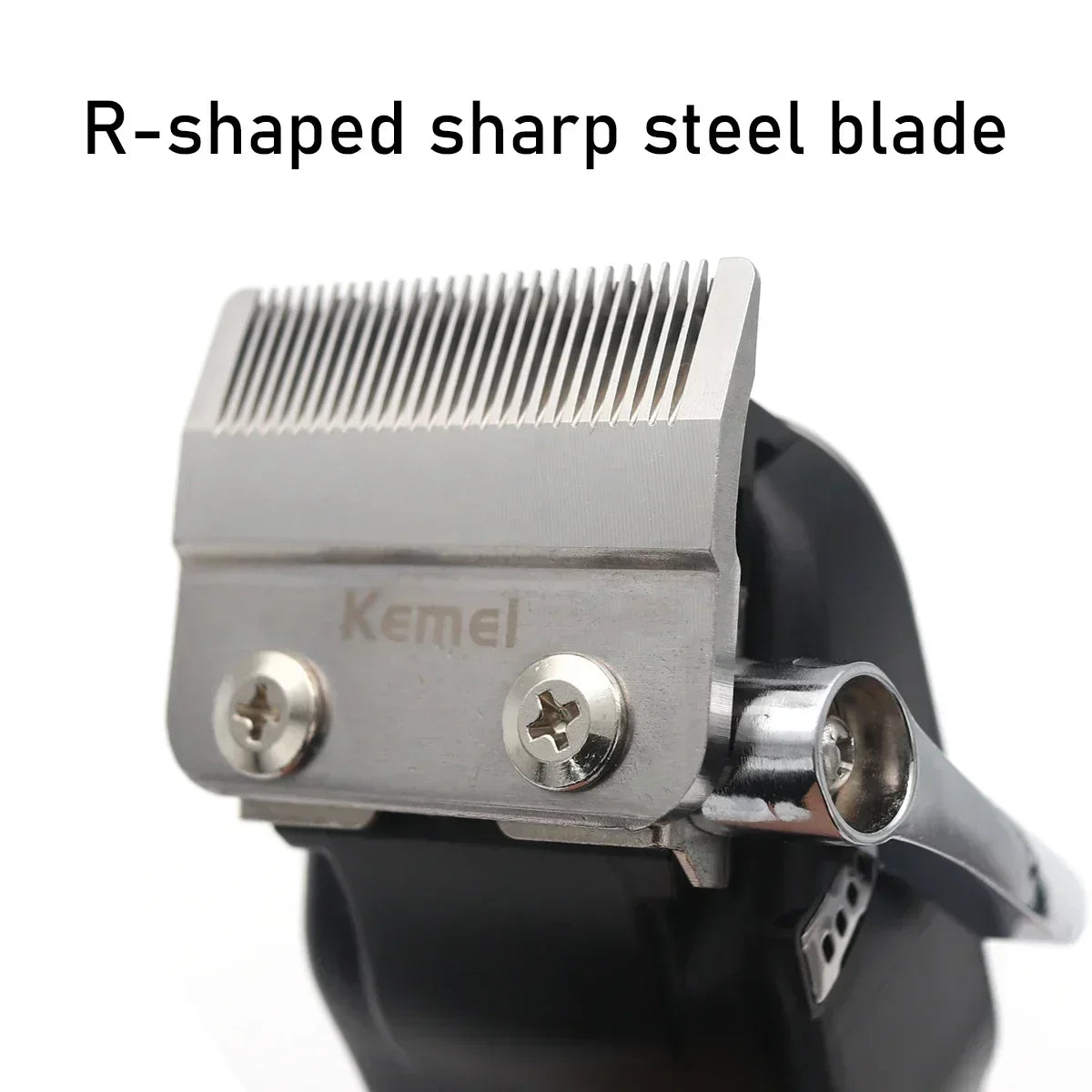 R-shaped sharp steel blade attached to a professional cordless hair clipper.