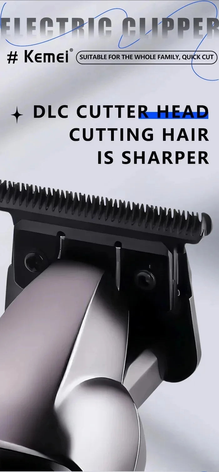 Close-up view of a black electric clipper with a cutter head, showing the teeth and housing.
