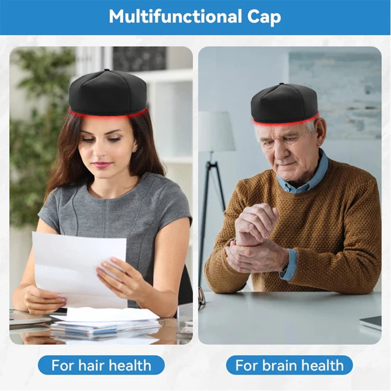 A multifunctional cap shown for hair health and brain health, featuring red light and near infrared technology.