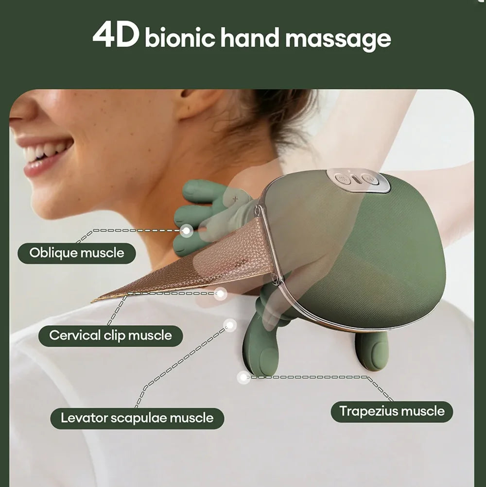 A hand massager device is shown applying massage to the neck and shoulder muscles of a person.
