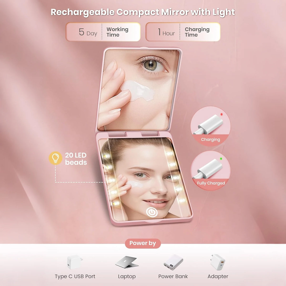 Miroir compact avec lumière, démontrant son utilisation pour le maquillage et diverses options de charge.