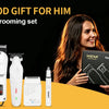 A man and woman look at a black box containing a HIENA hair clipper set and various grooming tools.