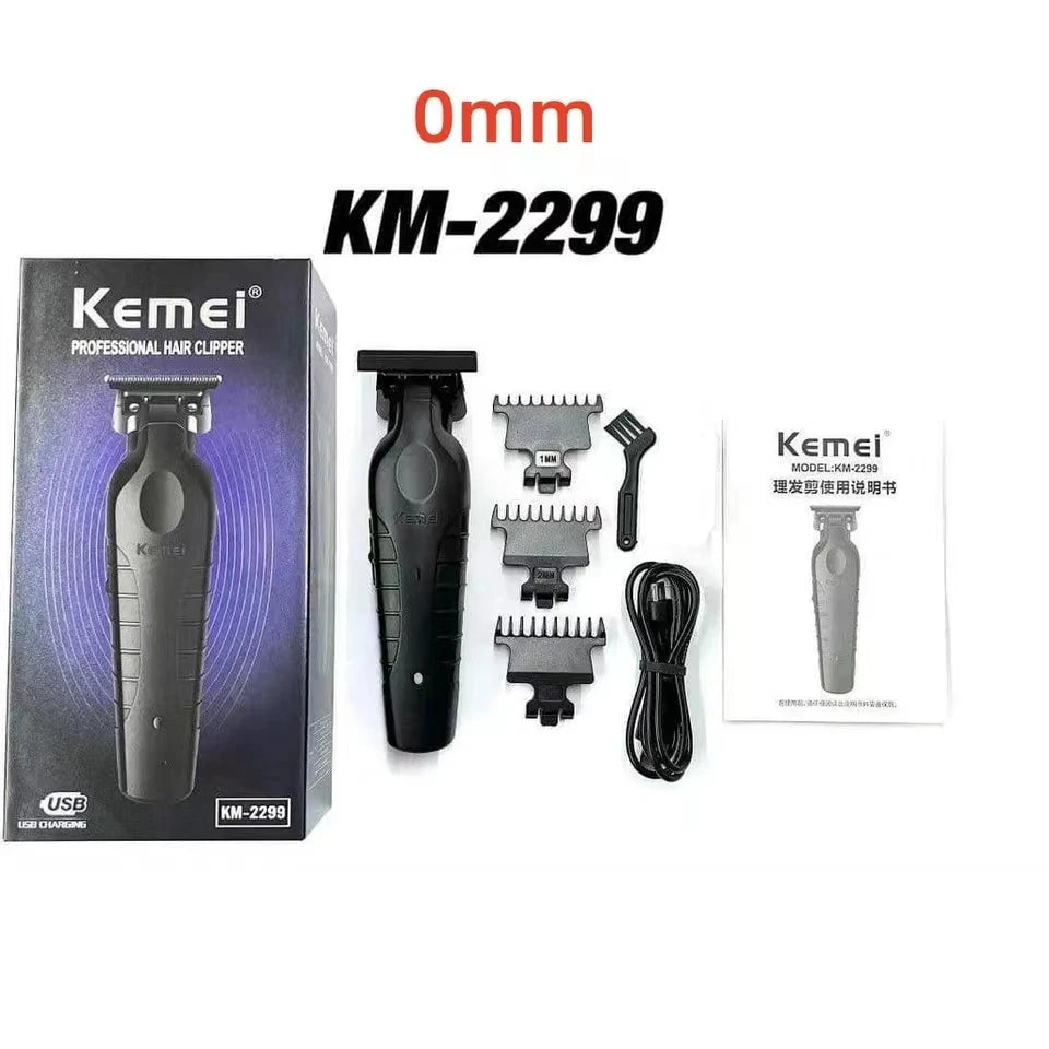 A Kemei KM-2299 professional cordless electric hair clipper and its accessories are displayed on a white background.