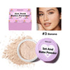 A set of Lakerain Set And Bake Powder in pink packaging and loose powder, next to a woman's face.