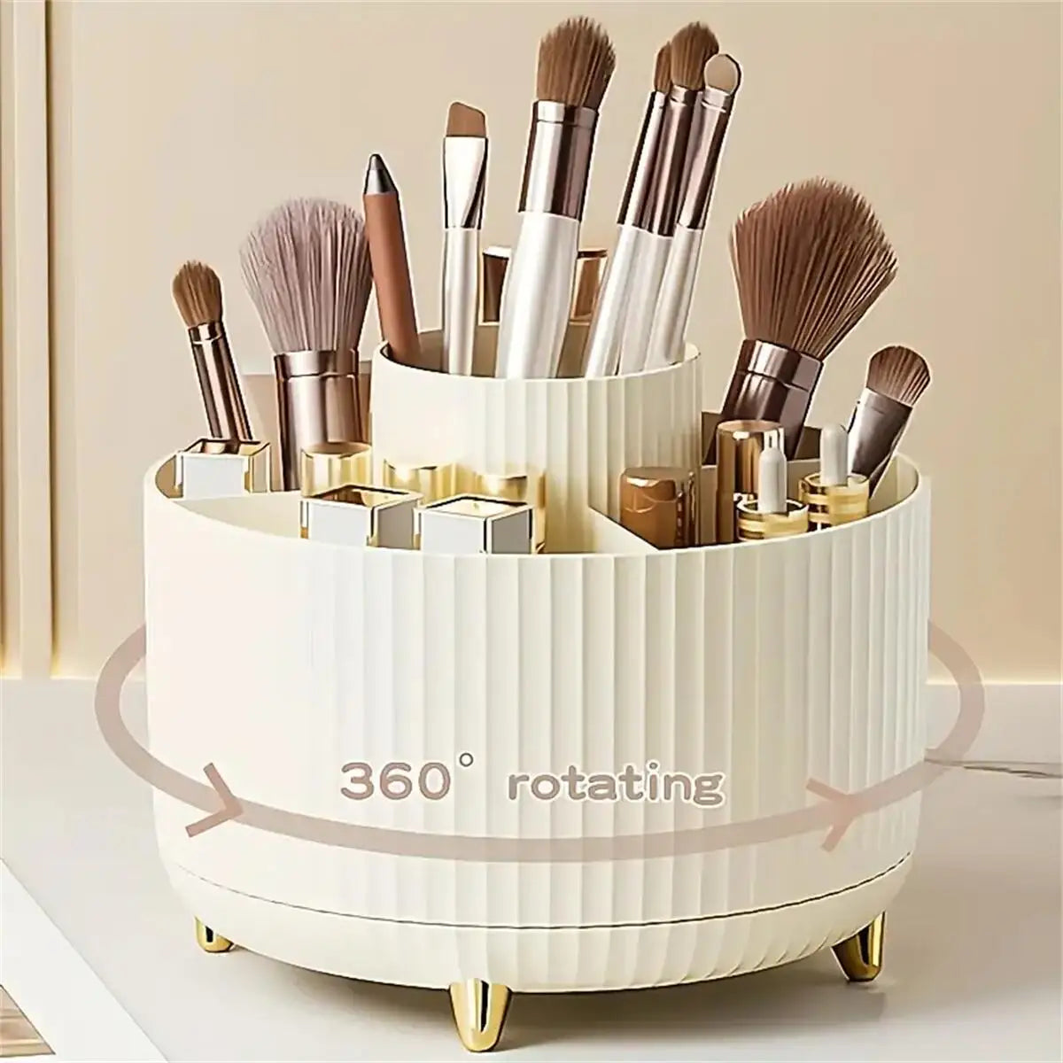 A white 360-rotating makeup organizer holding various makeup brushes and tools.
