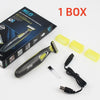 A box containing a portable rechargeable electric shaver, a shaver unit, and charging cables.