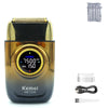 A Kemei KM-T228 electric shaver in gold and black with accessories shown.