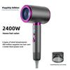A black professional high-speed hair dryer with a purple accent, showing the main unit and air nozzle.