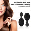 A black boar bristle hair extension brush set shown next to a woman's hair.