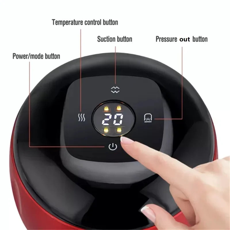 A black electric cupping set device with various control buttons is shown being operated by a hand.