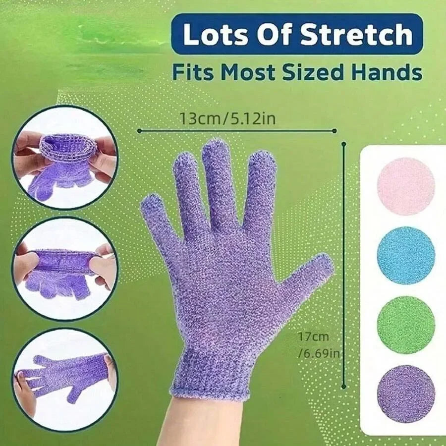 Gants de gommage corporel pour peaux, violet, conçus pour s'adapter à la plupart des tailles de mains.