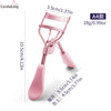 A pink precision eyelash curler with a long handle and curler tip shown against a white background.