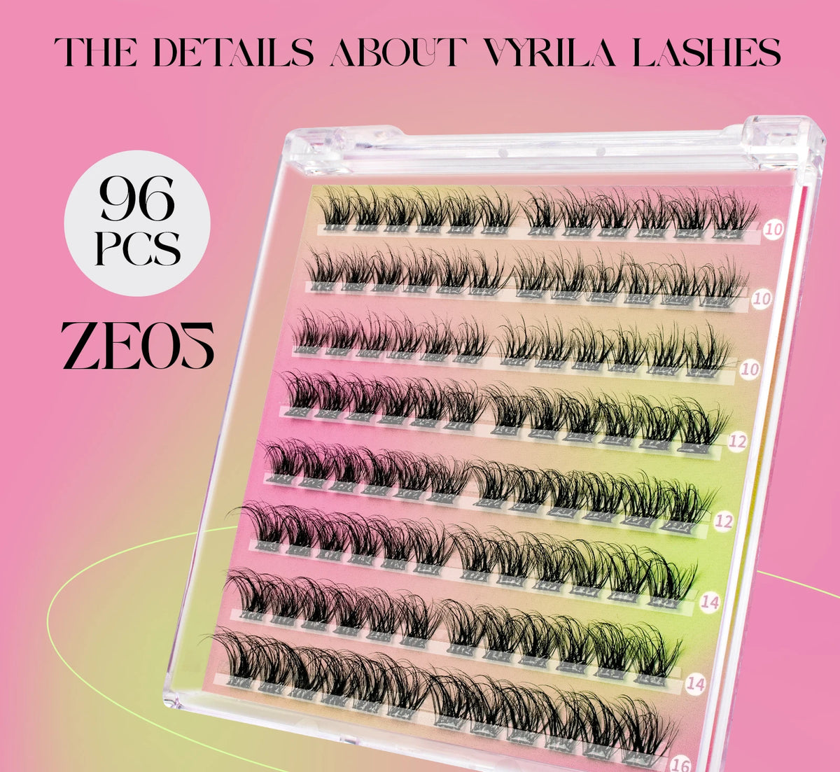 A display of 96 pieces of Zey05 eyelash extensions in various styles and lengths.
