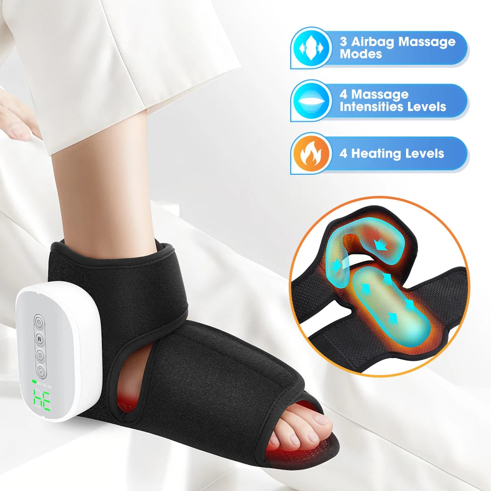 Black cordless heated foot and ankle massager with air compression shown on a person's foot.