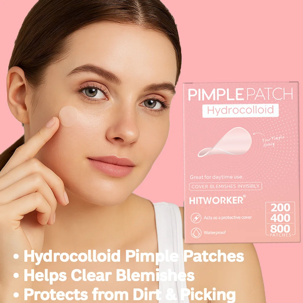 A woman applies Hydrocolloid pimple patches to her skin, demonstrating their use for blemishes and dirt protection.