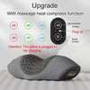 A gray therapeutic neck massager with massage heat compress and shock functions is shown on a white surface.