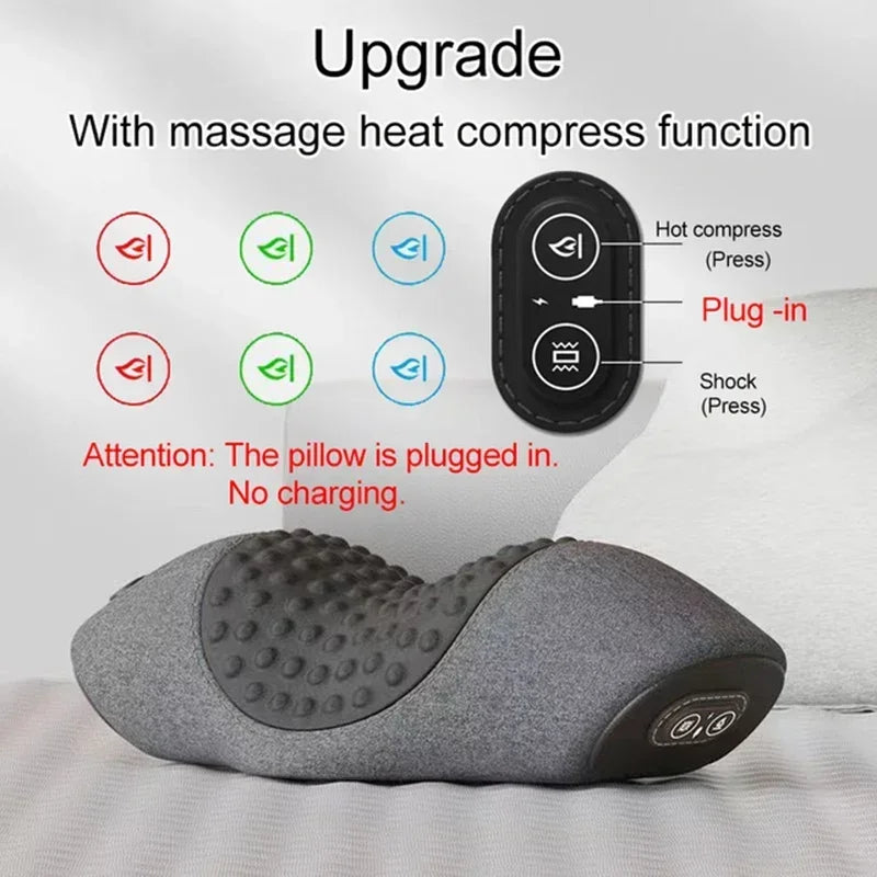 A gray therapeutic neck massager with massage heat compress and shock functions is shown on a white surface.
