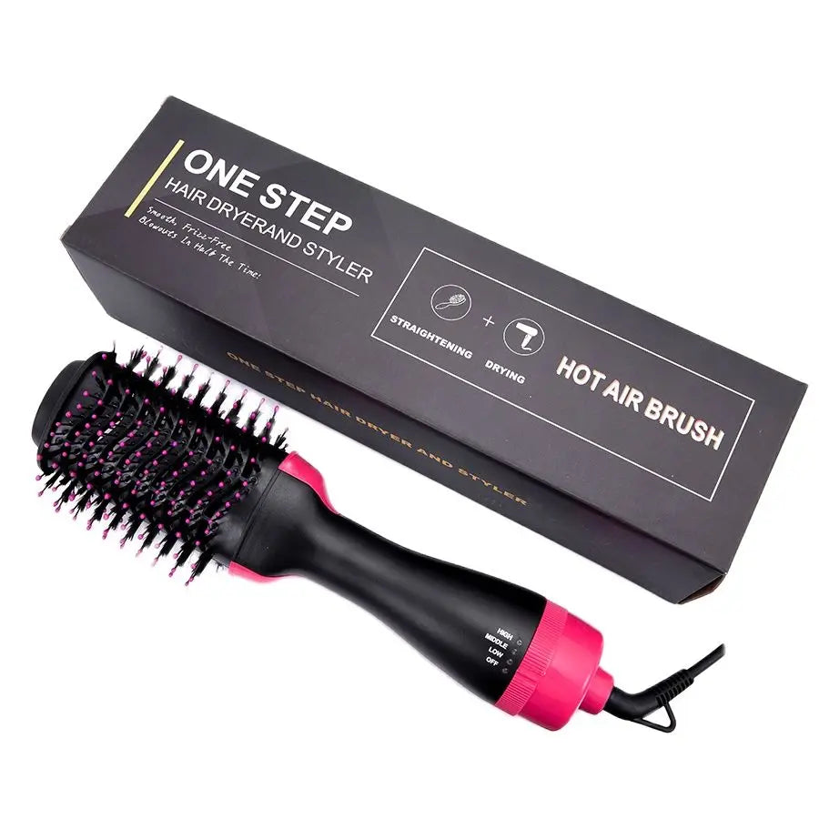 Black hair dryer brush and styler set box with a pink handle and black bristles
