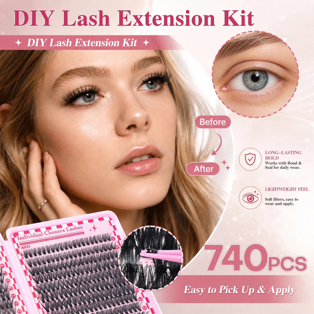 A close-up of a DIY lash extension kit showing individual clusters of lashes and a model's eye before and after application.