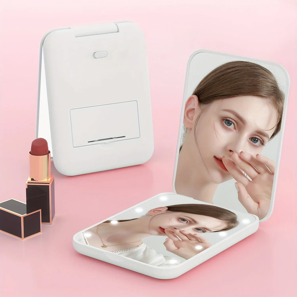 A white compact LED makeup mirror with a folding design is shown alongside its packaging and a close-up reflection of a woman