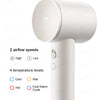 A white professional high-speed hair dryer with controls for 2 airflow speeds and 4 temperature levels.