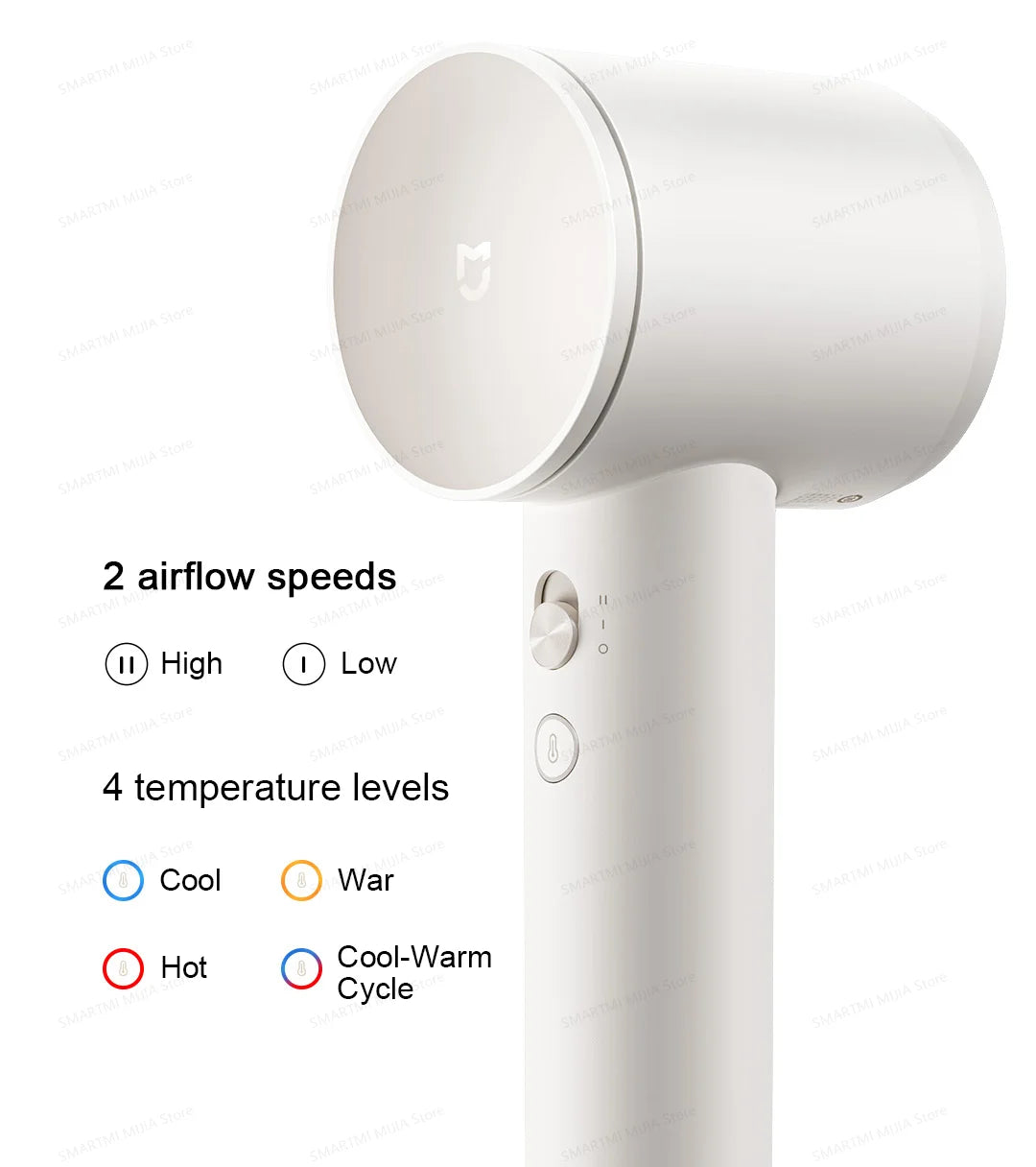 A white professional high-speed hair dryer with controls for 2 airflow speeds and 4 temperature levels.