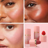 Close-up of a liquid matte blush stick in pink packaging with a vibrant red blush applied to the cheek.